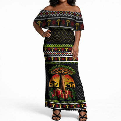 African Safari Black Santa Christmas Off Shoulder Maxi Dress Ugly Pattern Sunset Baobab Tree Africa Map