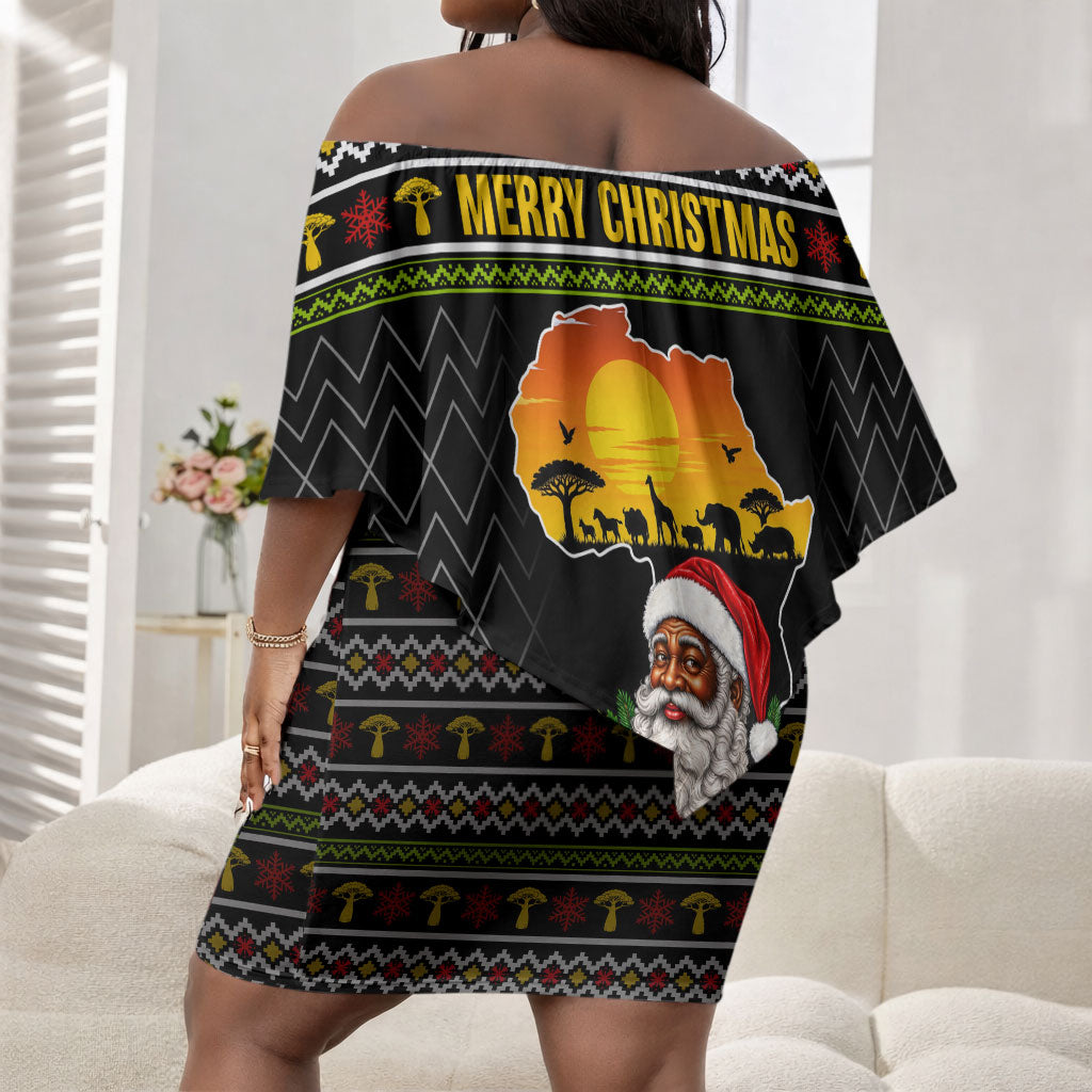 African Safari Black Santa Christmas Off Shoulder Short Dress Ugly Pattern Sunset Baobab Tree Africa Map