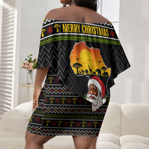 African Safari Black Santa Christmas Off Shoulder Short Dress Ugly Pattern Sunset Baobab Tree Africa Map