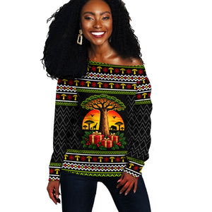 African Safari Black Santa Christmas Off Shoulder Sweater Ugly Pattern Sunset Baobab Tree Africa Map