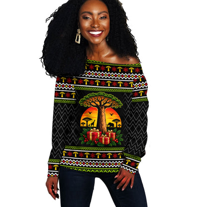African Safari Black Santa Christmas Off Shoulder Sweater Ugly Pattern Sunset Baobab Tree Africa Map