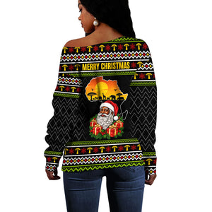 African Safari Black Santa Christmas Off Shoulder Sweater Ugly Pattern Sunset Baobab Tree Africa Map