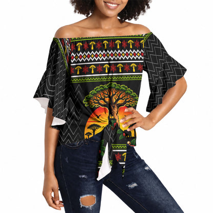 African Safari Black Santa Christmas Off Shoulder Wrap Waist Top Ugly Pattern Sunset Baobab Tree Africa Map