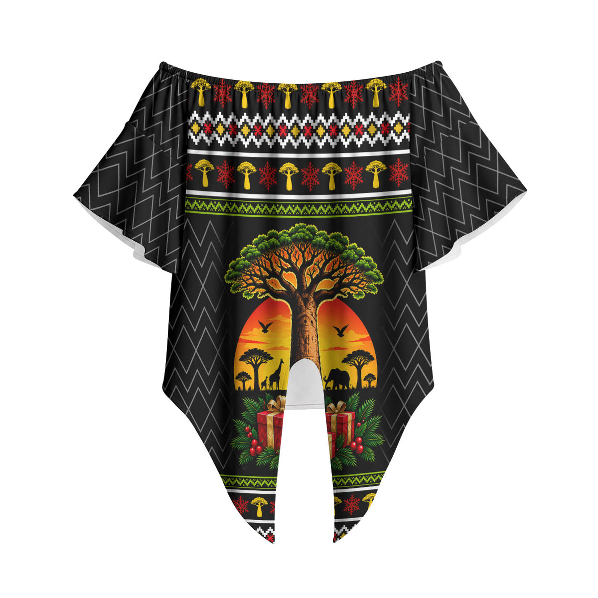African Safari Black Santa Christmas Off Shoulder Wrap Waist Top Ugly Pattern Sunset Baobab Tree Africa Map