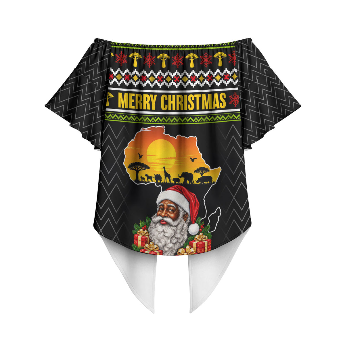African Safari Black Santa Christmas Off Shoulder Wrap Waist Top Ugly Pattern Sunset Baobab Tree Africa Map