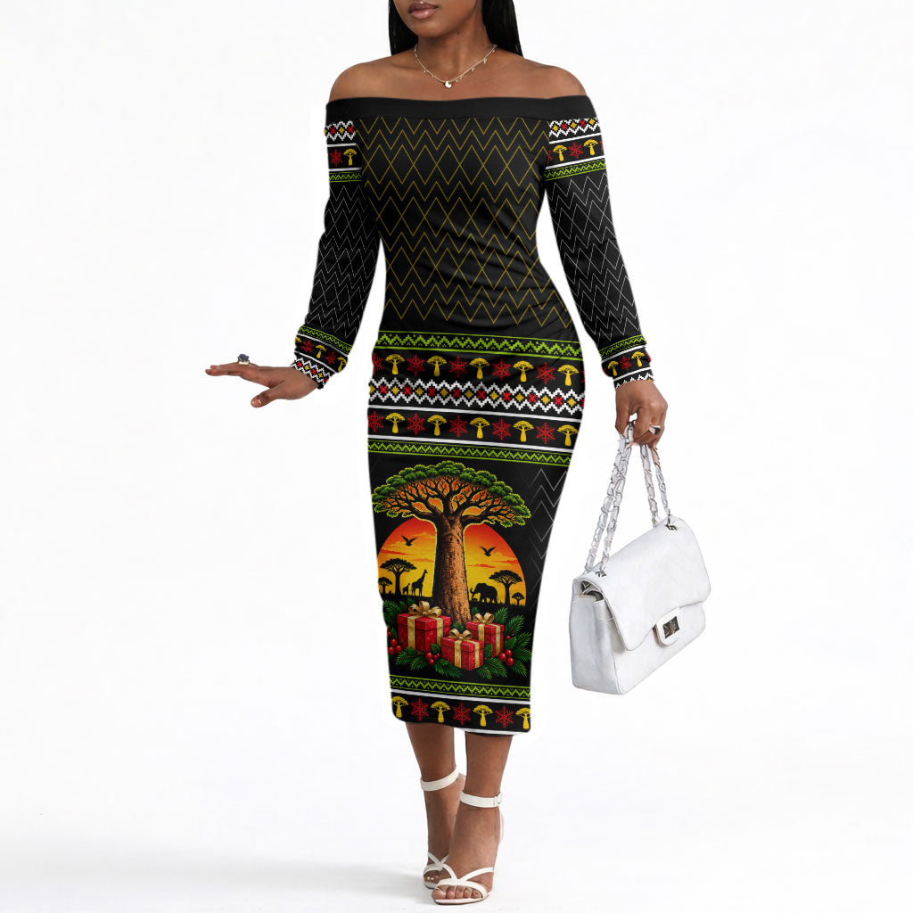 African Safari Black Santa Christmas Off The Shoulder Long Sleeve Dress Ugly Pattern Sunset Baobab Tree Africa Map