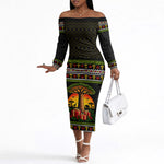African Safari Black Santa Christmas Off The Shoulder Long Sleeve Dress Ugly Pattern Sunset Baobab Tree Africa Map