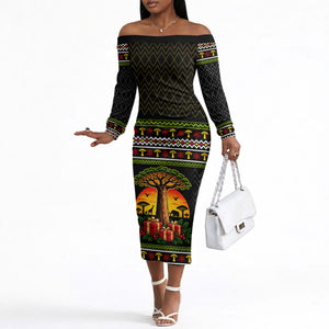 African Safari Black Santa Christmas Off The Shoulder Long Sleeve Dress Ugly Pattern Sunset Baobab Tree Africa Map