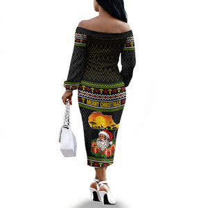 African Safari Black Santa Christmas Off The Shoulder Long Sleeve Dress Ugly Pattern Sunset Baobab Tree Africa Map