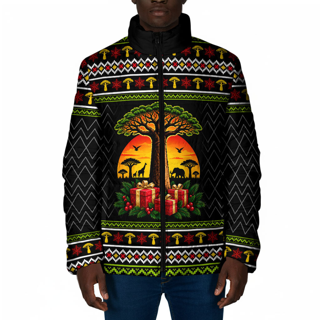 African Safari Black Santa Christmas Padded Jacket Ugly Pattern Sunset Baobab Tree Africa Map
