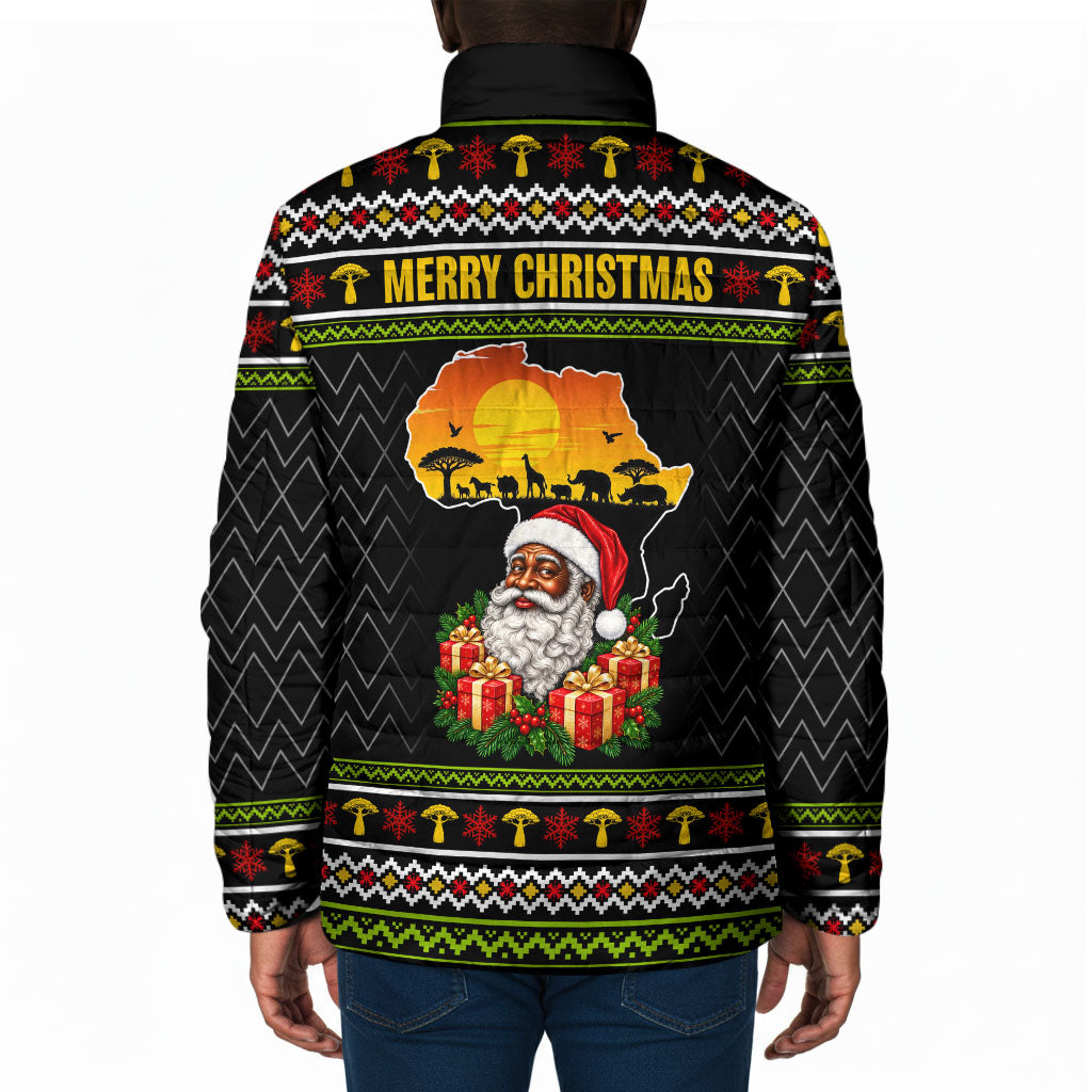 African Safari Black Santa Christmas Padded Jacket Ugly Pattern Sunset Baobab Tree Africa Map