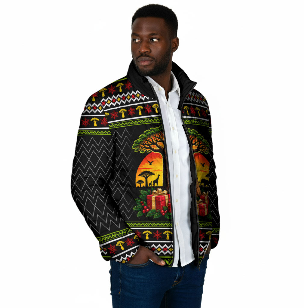 African Safari Black Santa Christmas Padded Jacket Ugly Pattern Sunset Baobab Tree Africa Map