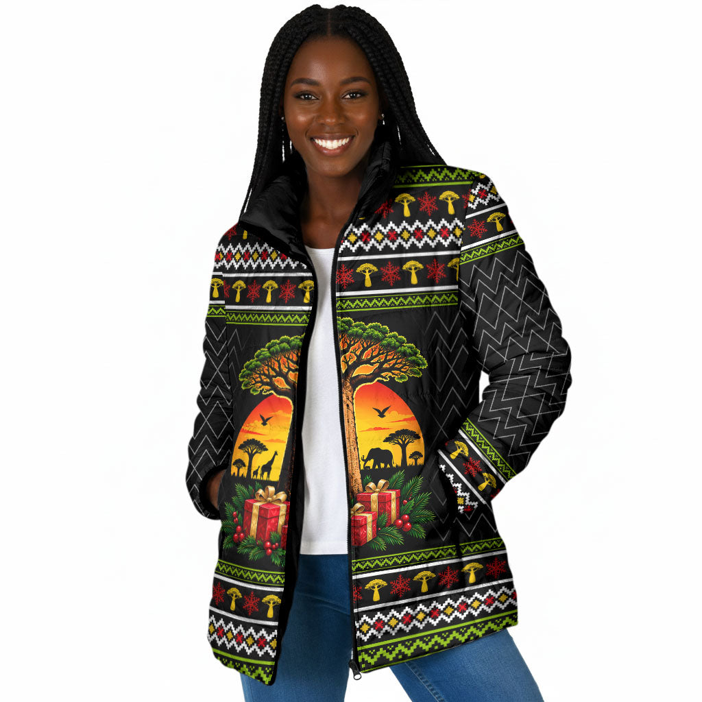 African Safari Black Santa Christmas Padded Jacket Ugly Pattern Sunset Baobab Tree Africa Map