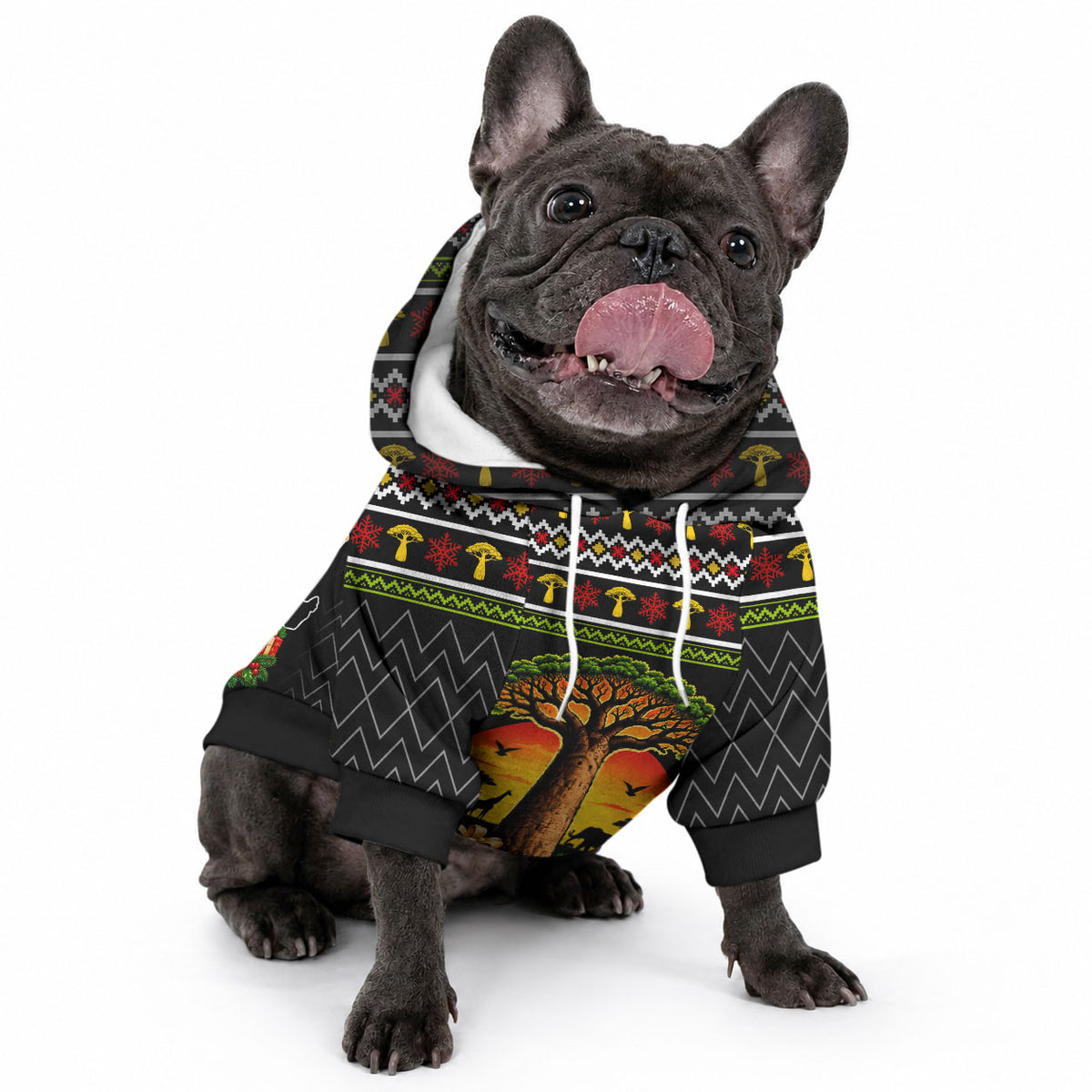 African Safari Black Santa Christmas Pet Hoodie Ugly Pattern Sunset Baobab Tree Africa Map