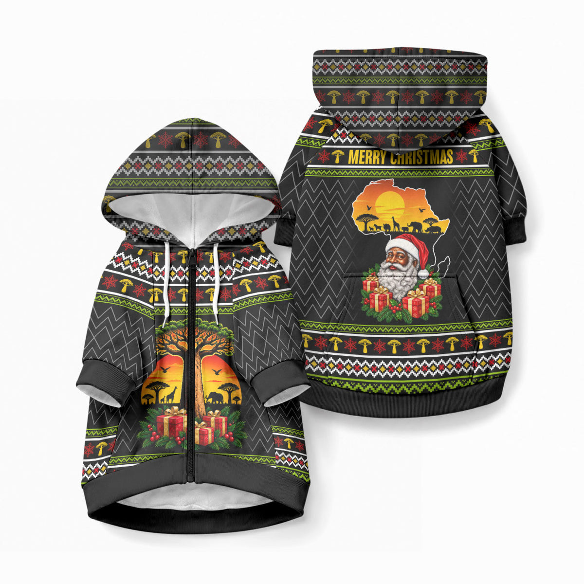 African Safari Black Santa Christmas Pet Hoodie Ugly Pattern Sunset Baobab Tree Africa Map