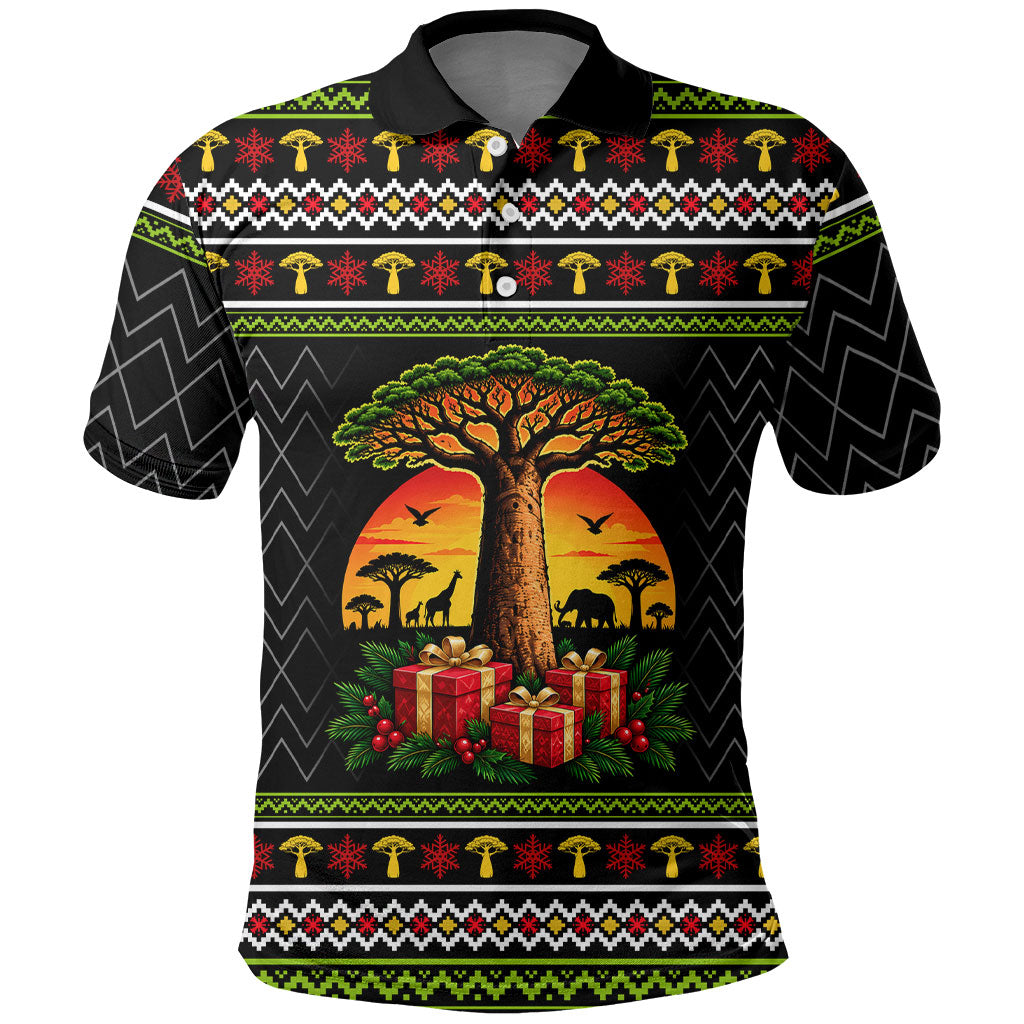 African Safari Black Santa Christmas Polo Shirt Ugly Pattern Sunset Baobab Tree Africa Map