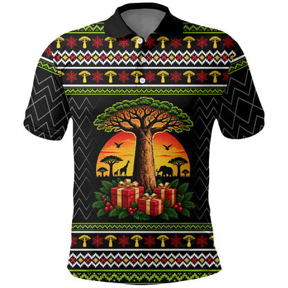 African Safari Black Santa Christmas Polo Shirt Ugly Pattern Sunset Baobab Tree Africa Map