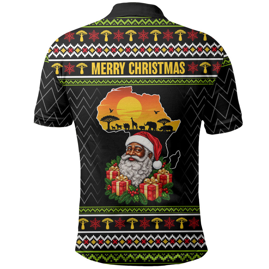 African Safari Black Santa Christmas Polo Shirt Ugly Pattern Sunset Baobab Tree Africa Map