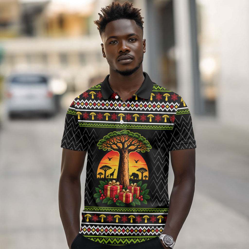 African Safari Black Santa Christmas Polo Shirt Ugly Pattern Sunset Baobab Tree Africa Map