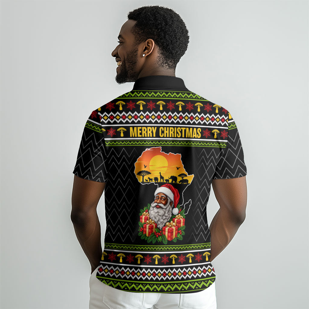 African Safari Black Santa Christmas Polo Shirt Ugly Pattern Sunset Baobab Tree Africa Map
