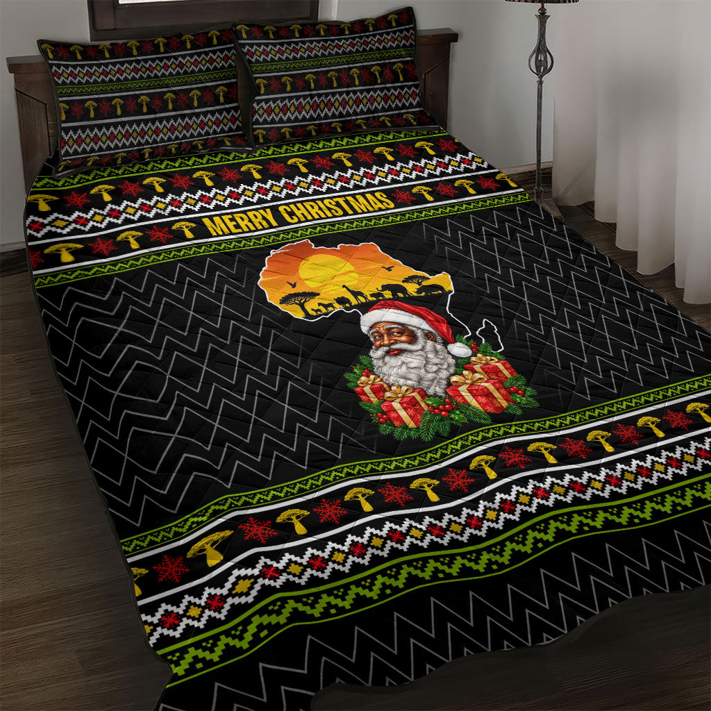African Safari Black Santa Christmas Quilt Bed Set Ugly Pattern Sunset Baobab Tree Africa Map
