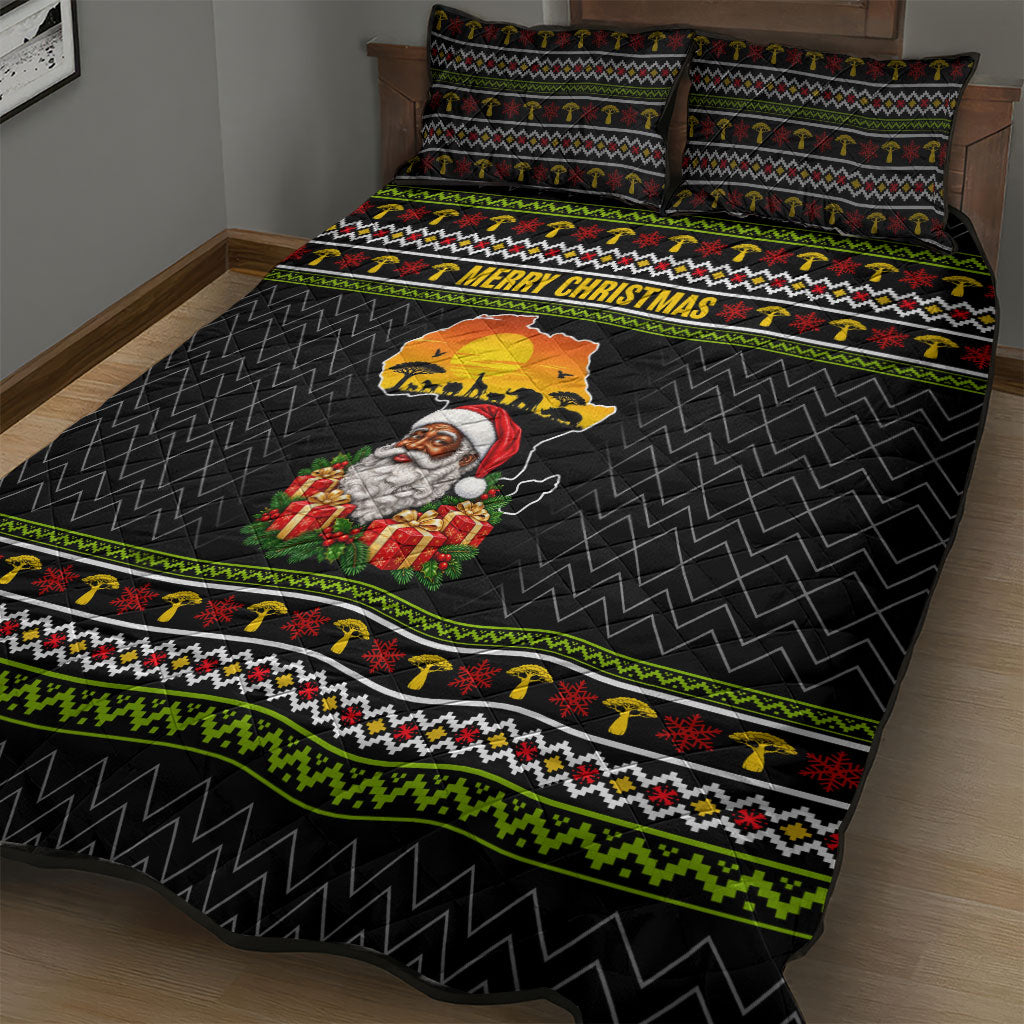 African Safari Black Santa Christmas Quilt Bed Set Ugly Pattern Sunset Baobab Tree Africa Map
