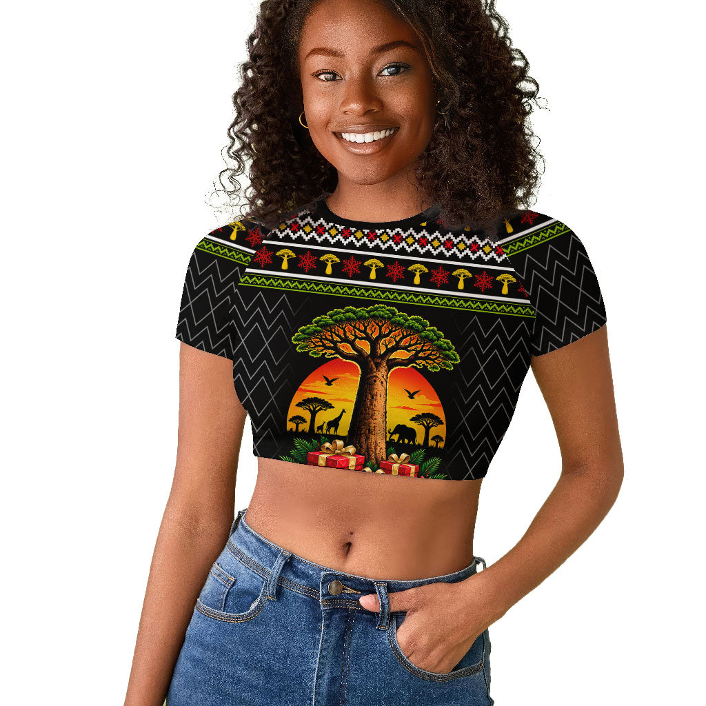 African Safari Black Santa Christmas Raglan Cropped T shirt Ugly Pattern Sunset Baobab Tree Africa Map