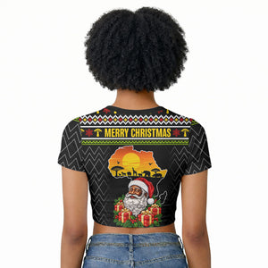 African Safari Black Santa Christmas Raglan Cropped T shirt Ugly Pattern Sunset Baobab Tree Africa Map