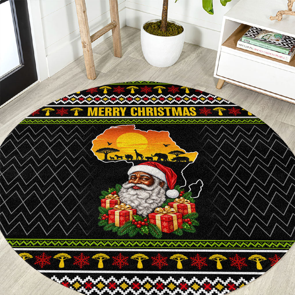 African Safari Black Santa Christmas Round Carpet Ugly Pattern Sunset Baobab Tree Africa Map