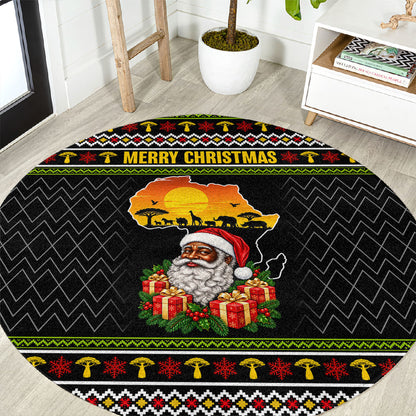 African Safari Black Santa Christmas Round Carpet Ugly Pattern Sunset Baobab Tree Africa Map