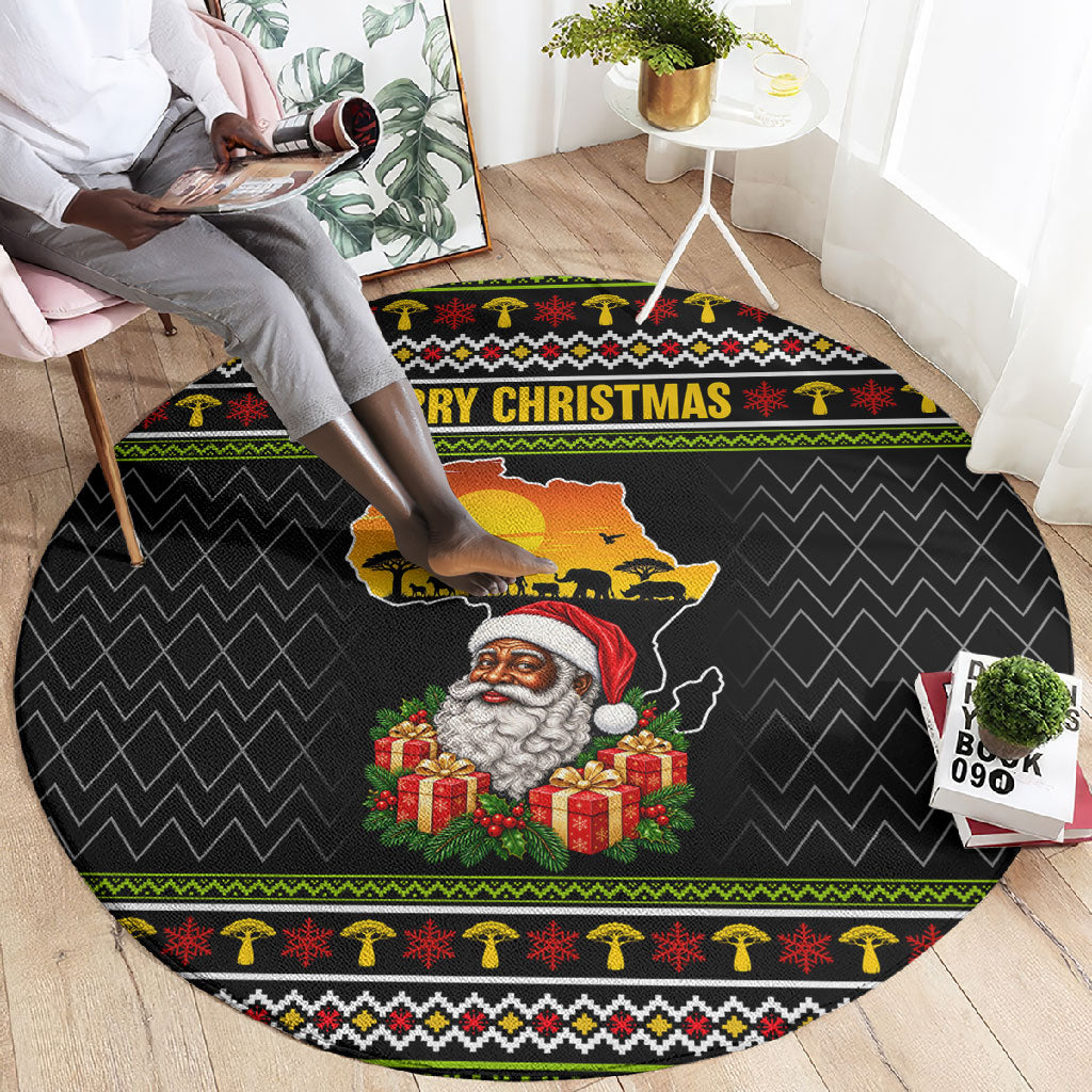 African Safari Black Santa Christmas Round Carpet Ugly Pattern Sunset Baobab Tree Africa Map