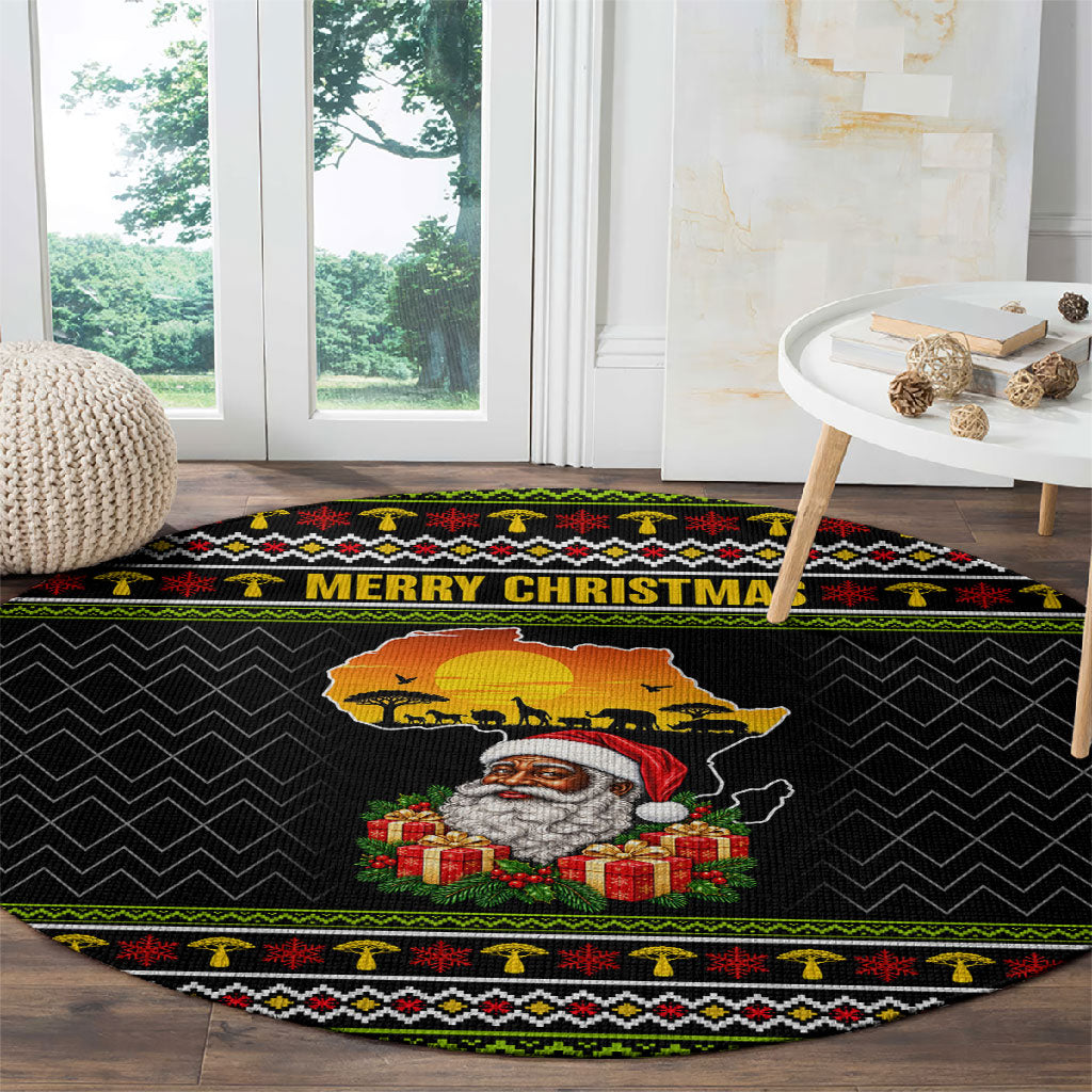 African Safari Black Santa Christmas Round Carpet Ugly Pattern Sunset Baobab Tree Africa Map