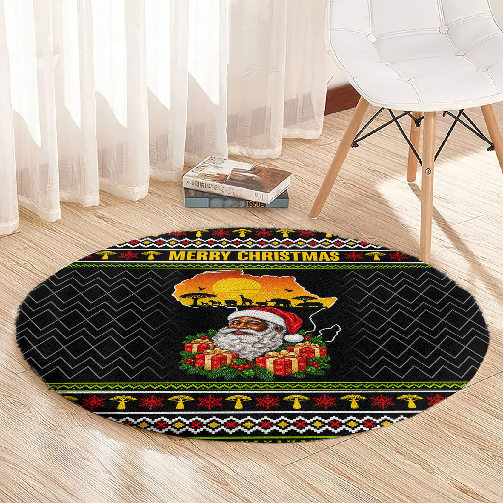African Safari Black Santa Christmas Round Carpet Ugly Pattern Sunset Baobab Tree Africa Map