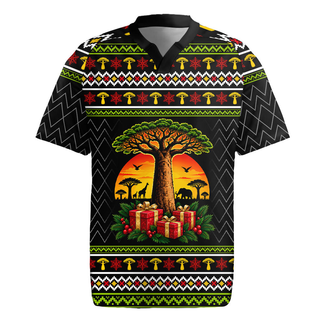 African Safari Black Santa Christmas Rugby Jersey Ugly Pattern Sunset Baobab Tree Africa Map