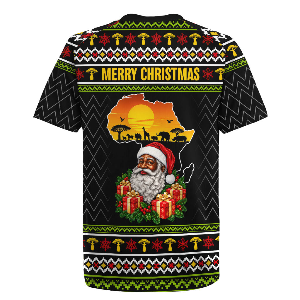 African Safari Black Santa Christmas Rugby Jersey Ugly Pattern Sunset Baobab Tree Africa Map