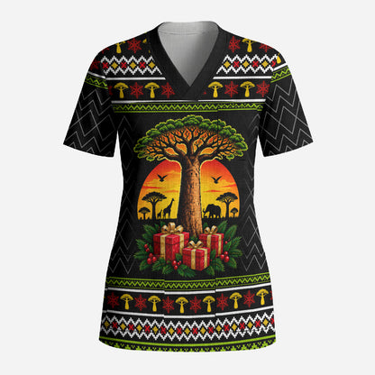 African Safari Black Santa Christmas Scrub Top Ugly Pattern Sunset Baobab Tree Africa Map