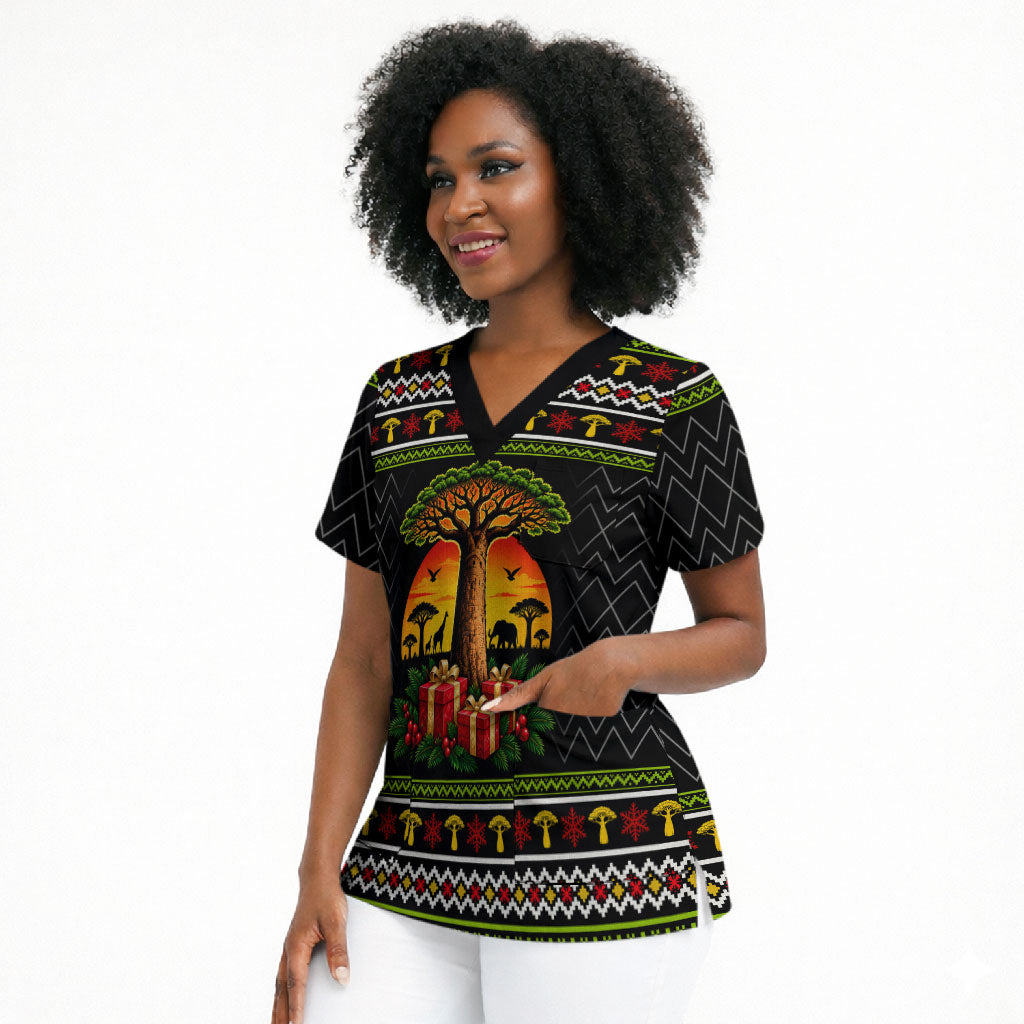 African Safari Black Santa Christmas Scrub Top Ugly Pattern Sunset Baobab Tree Africa Map