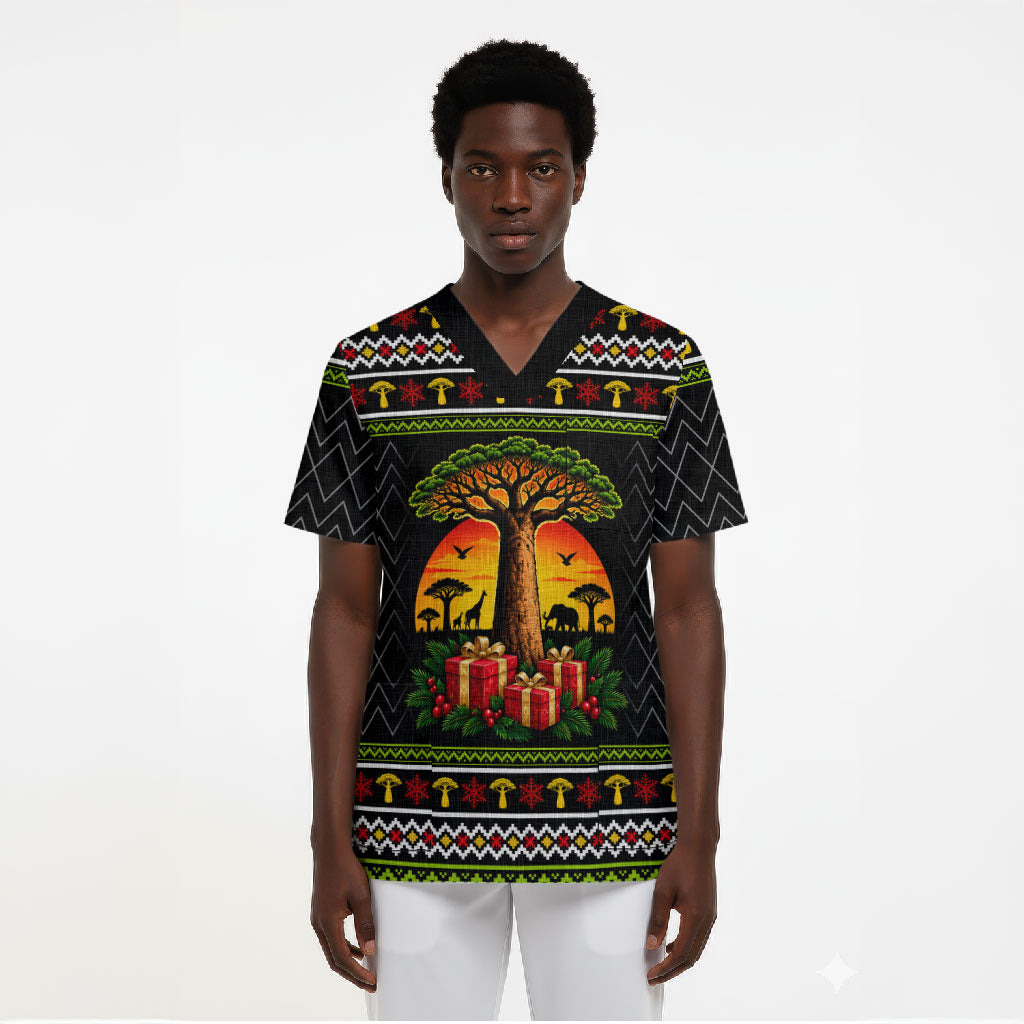 African Safari Black Santa Christmas Scrub Top Ugly Pattern Sunset Baobab Tree Africa Map