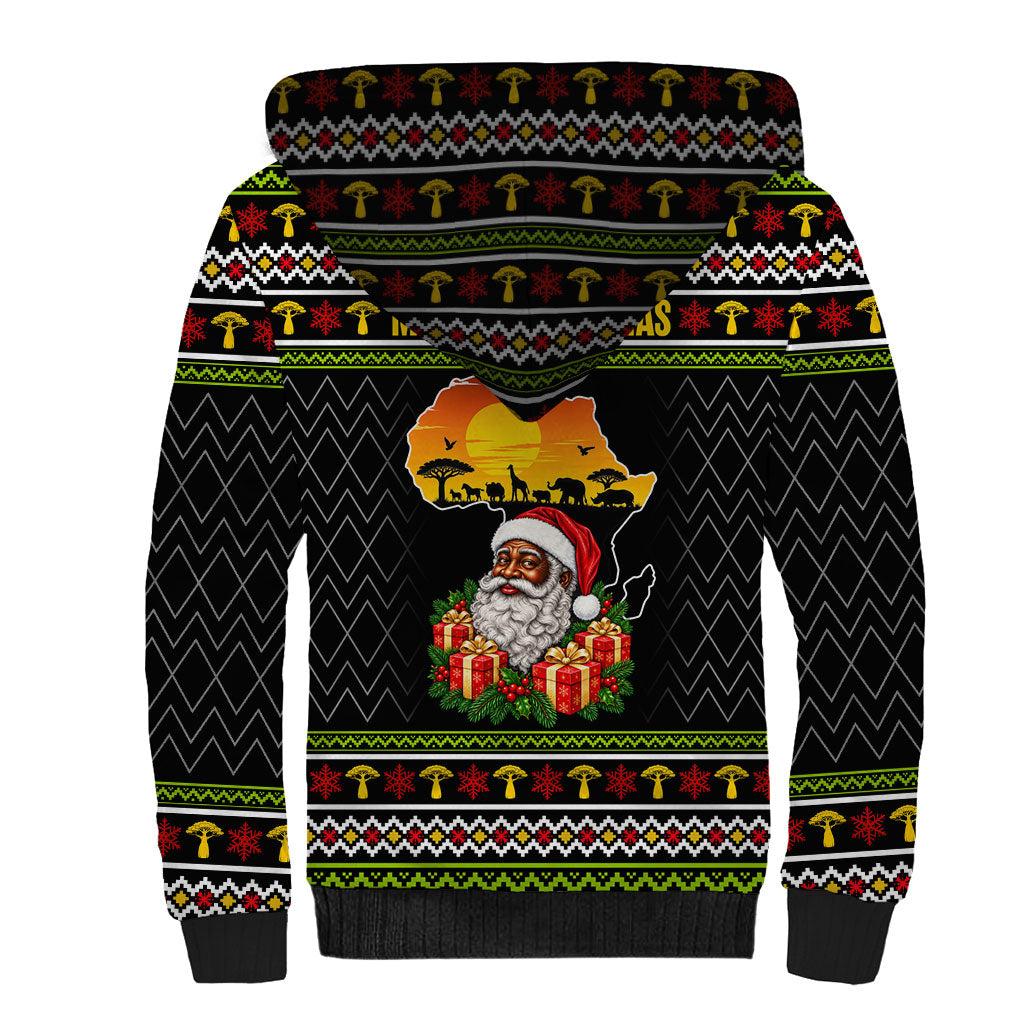 African Safari Black Santa Christmas Sherpa Hoodie Ugly Pattern Sunset Baobab Tree Africa Map