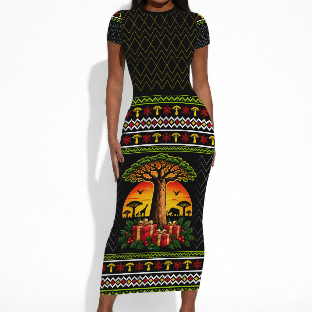 African Safari Black Santa Christmas Short Sleeve Bodycon Dress Ugly Pattern Sunset Baobab Tree Africa Map