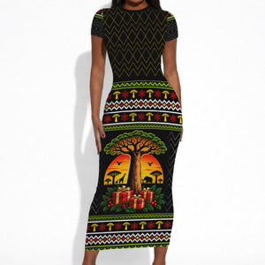 African Safari Black Santa Christmas Short Sleeve Bodycon Dress Ugly Pattern Sunset Baobab Tree Africa Map