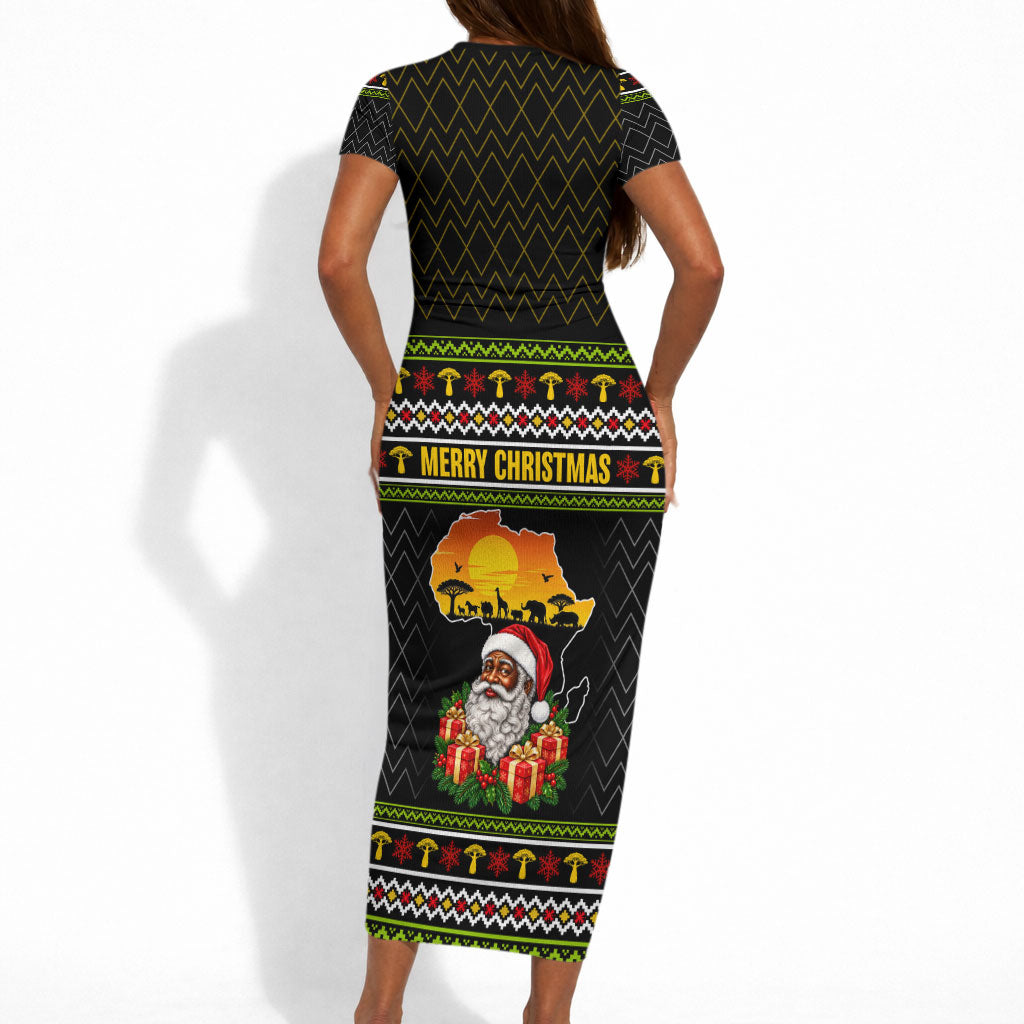 African Safari Black Santa Christmas Short Sleeve Bodycon Dress Ugly Pattern Sunset Baobab Tree Africa Map