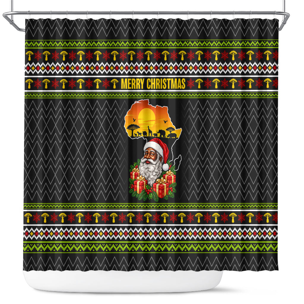 African Safari Black Santa Christmas Shower Curtain Ugly Pattern Sunset Baobab Tree Africa Map