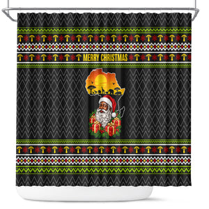 African Safari Black Santa Christmas Shower Curtain Ugly Pattern Sunset Baobab Tree Africa Map