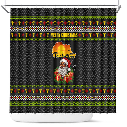 African Safari Black Santa Christmas Shower Curtain Ugly Pattern Sunset Baobab Tree Africa Map