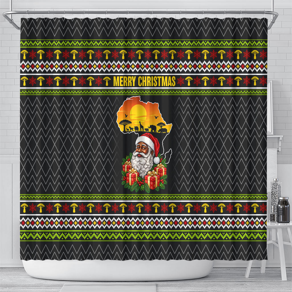 African Safari Black Santa Christmas Shower Curtain Ugly Pattern Sunset Baobab Tree Africa Map