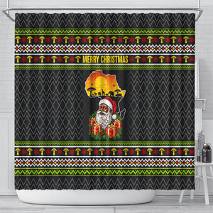 African Safari Black Santa Christmas Shower Curtain Ugly Pattern Sunset Baobab Tree Africa Map