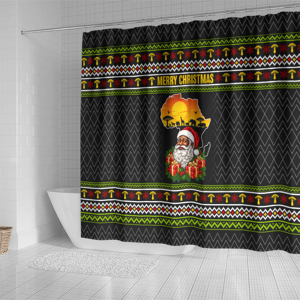 African Safari Black Santa Christmas Shower Curtain Ugly Pattern Sunset Baobab Tree Africa Map