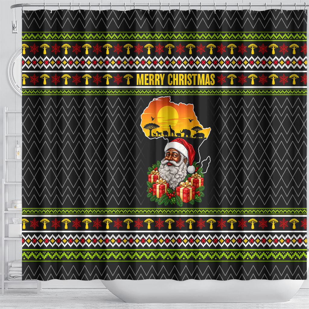 African Safari Black Santa Christmas Shower Curtain Ugly Pattern Sunset Baobab Tree Africa Map