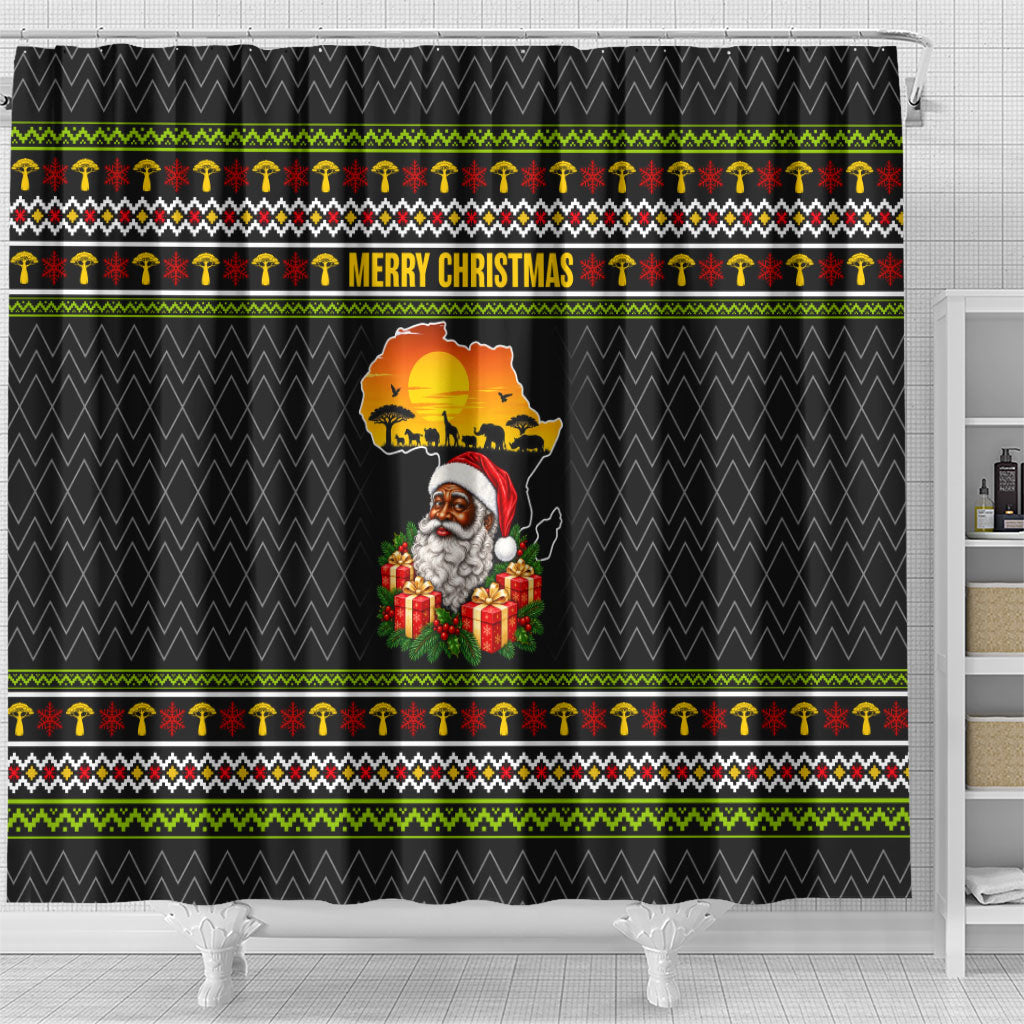 African Safari Black Santa Christmas Shower Curtain Ugly Pattern Sunset Baobab Tree Africa Map